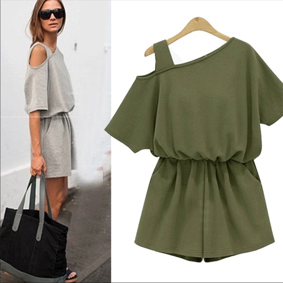 simple chic oblique Shoulder elastic waist romper - Picture 3 of 6